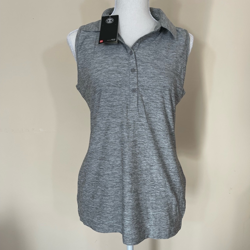 New Under Armour Sleeveless Polo Shirt Top Gray Women Size Medium NWT